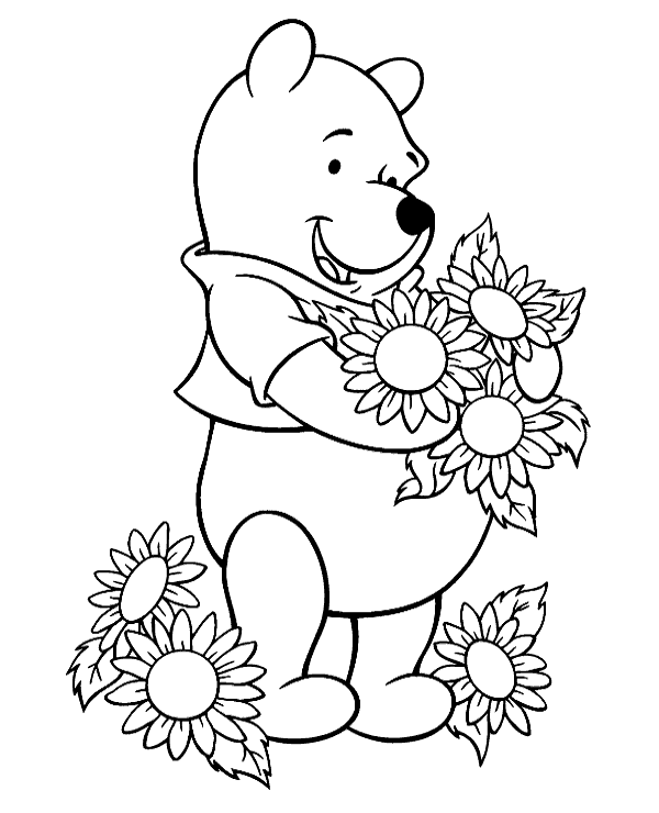 Winnie with flowers coloring page