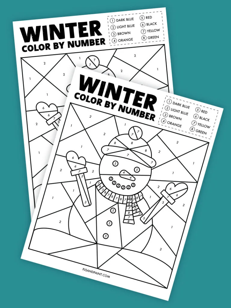 Free printable winter color by number worksheet