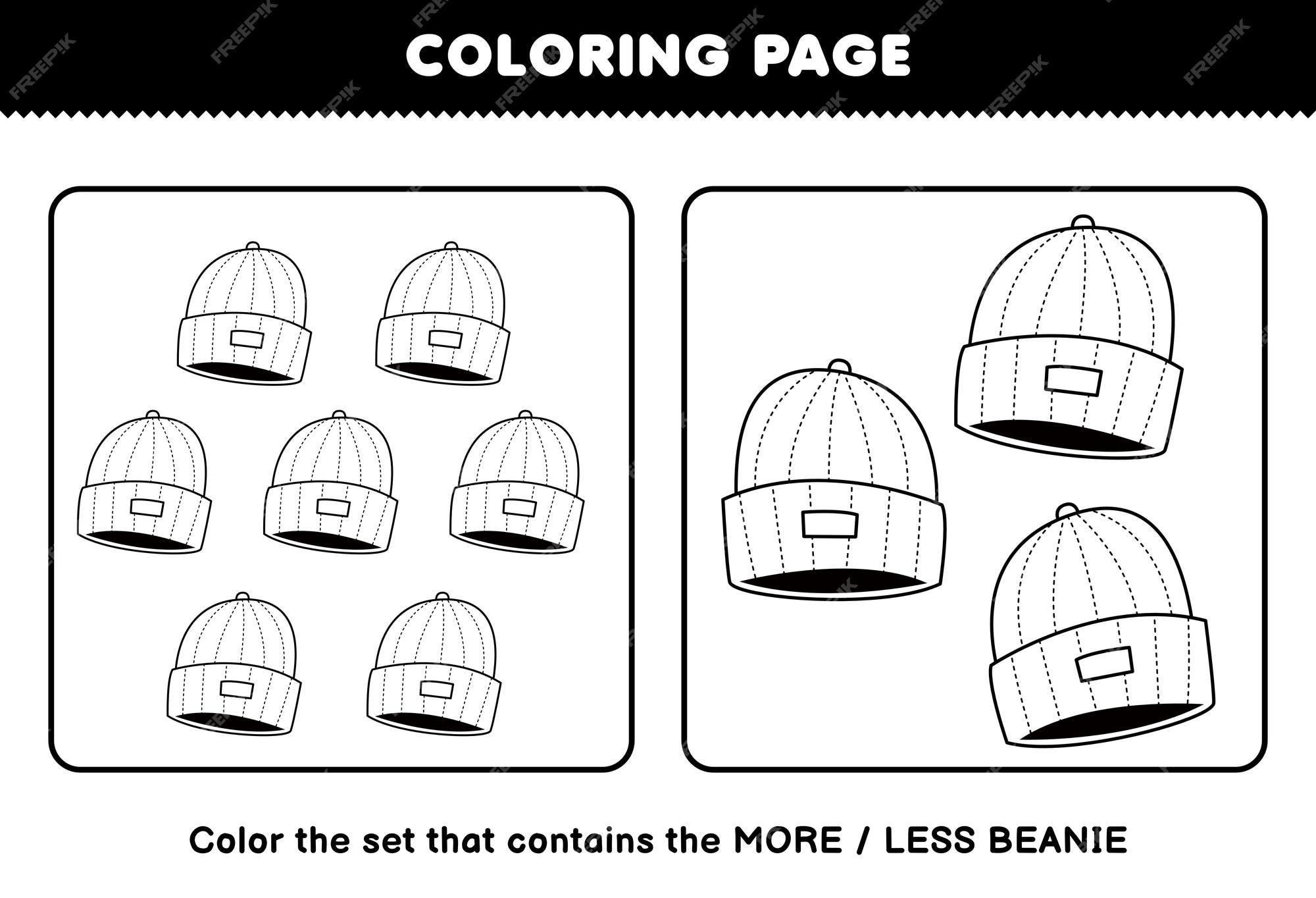 Premium vector education game for children coloring page more or less picture of cute cartoon wearable clothes beanie hat line art set printable worksheet
