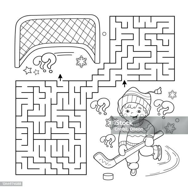 Maze or labyrinth game puzzle coloring page outline of cartoon boy playing hockey winter sports coloring book for kids stock illustration