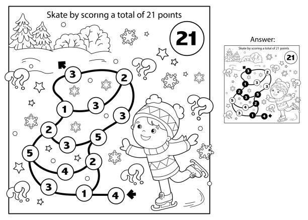Math addition game puzzle for kids maze coloring page outline of cartoon girl skating winter sports coloring book for children stock illustration
