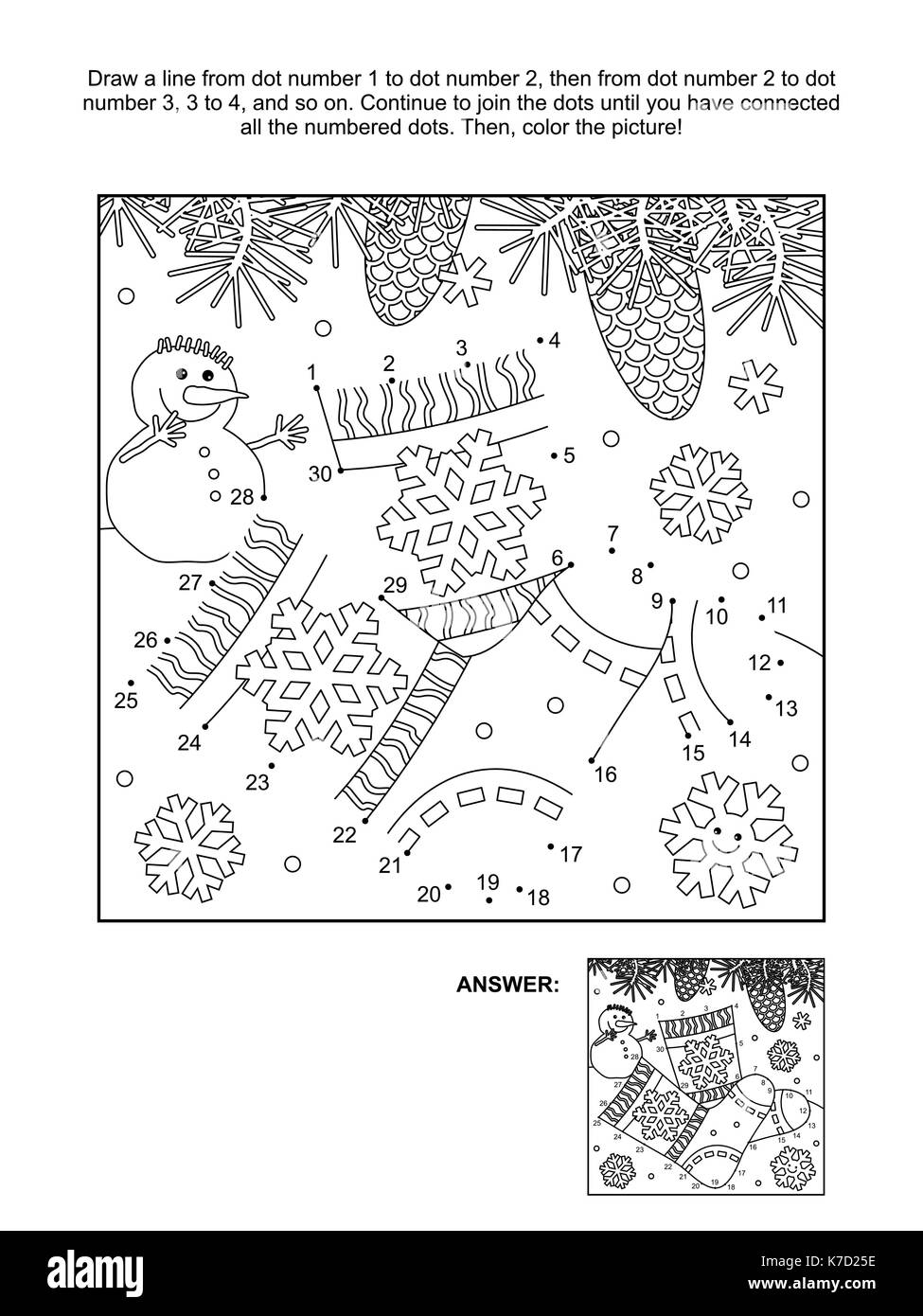 Winter or winter holidays themed connect the dots picture puzzle and coloring page with knitted socks answer included stock vector image art