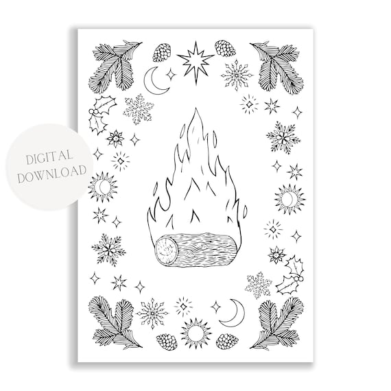 Yule log winter solstice colouring page digital download printable pagan yule art activity