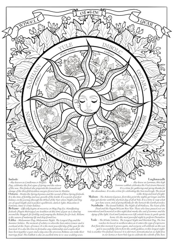 Wheel of the year colouring page ooak digital only wicca pagan witchcraft seasons adult colouring page