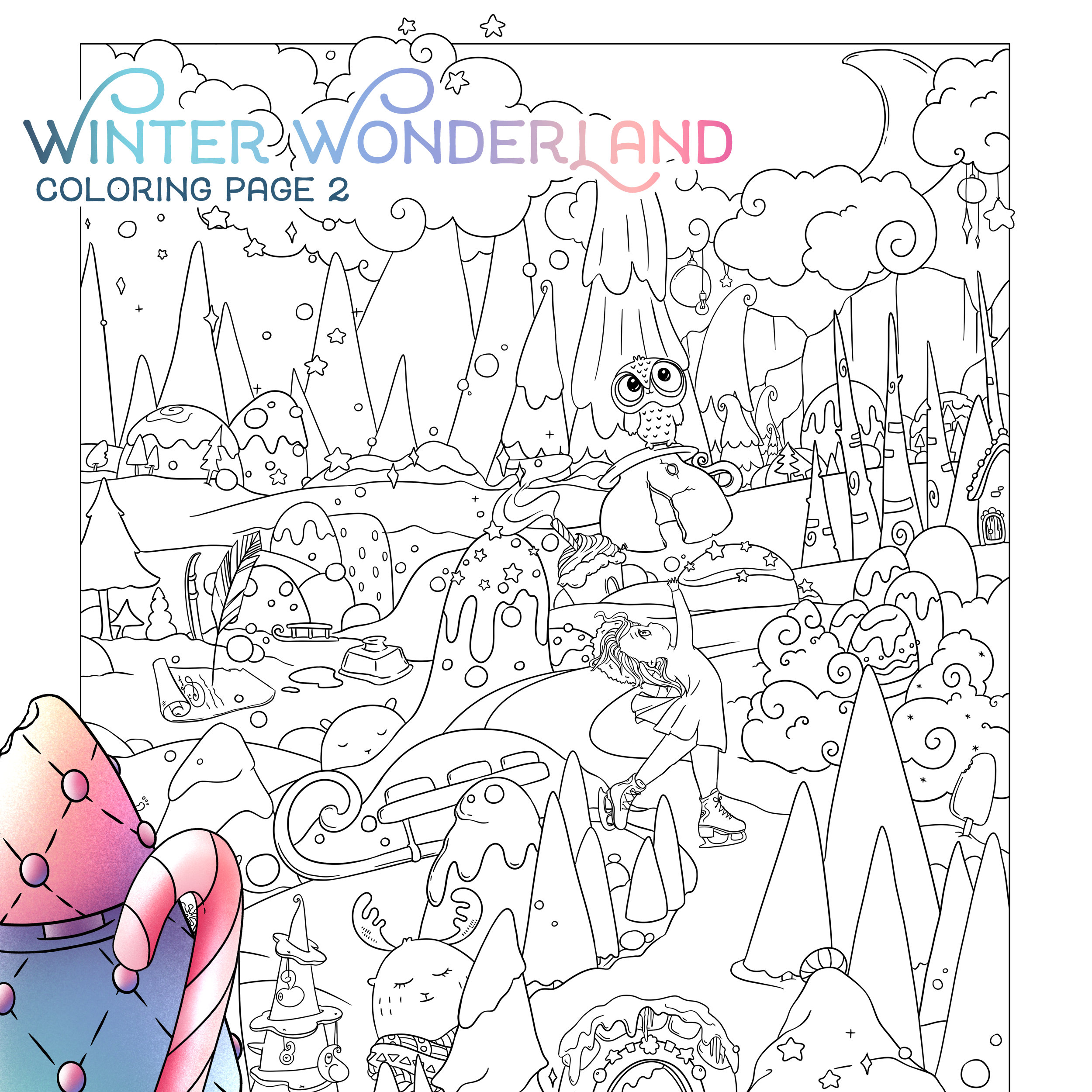 Winter wonderland adult coloring page cute christmas coloring santa claus snowman xmas doodle digital download pdf printable by jen katz download now