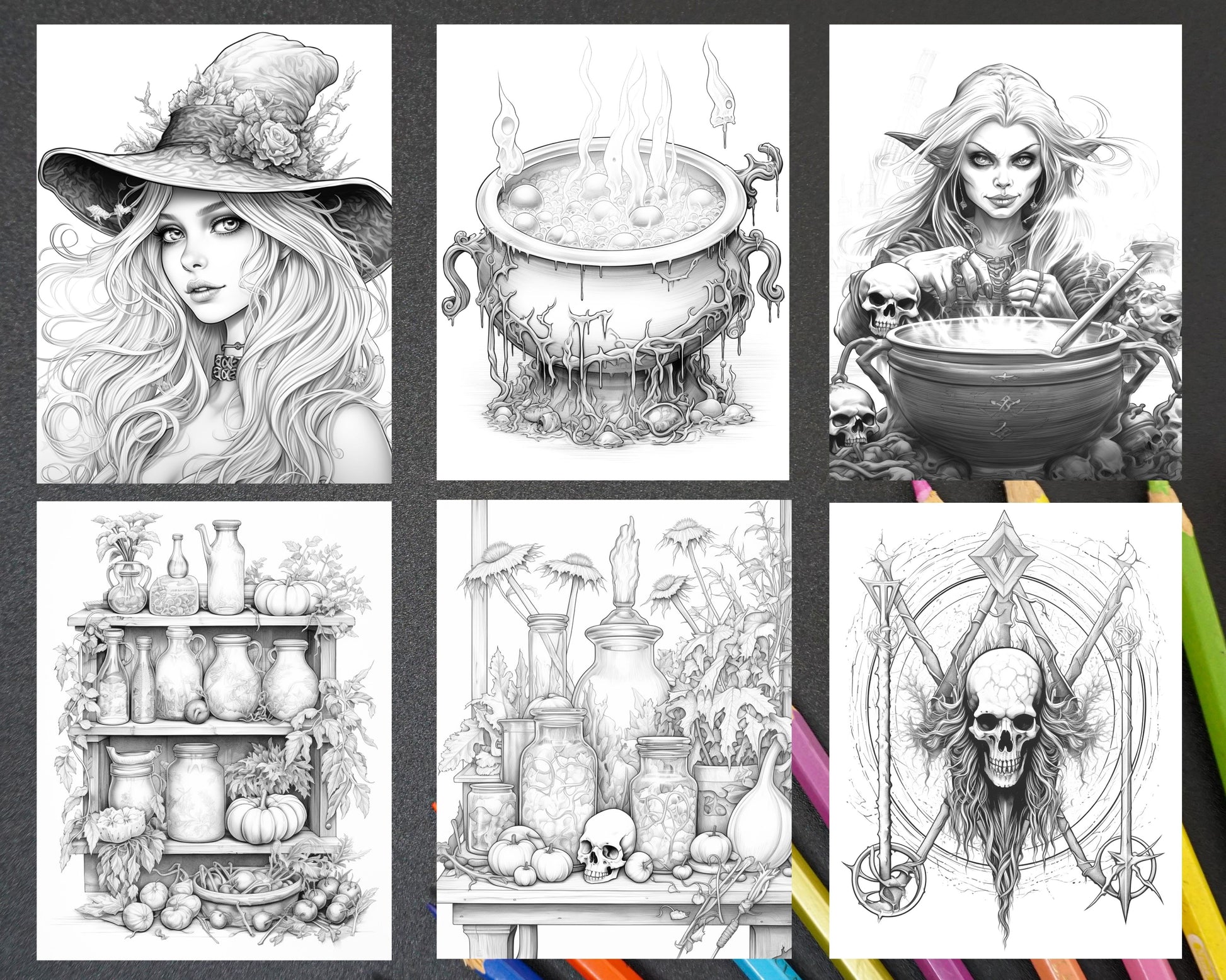 Witchy wonders grayscale coloring pages printable for adults pdf f â coloring