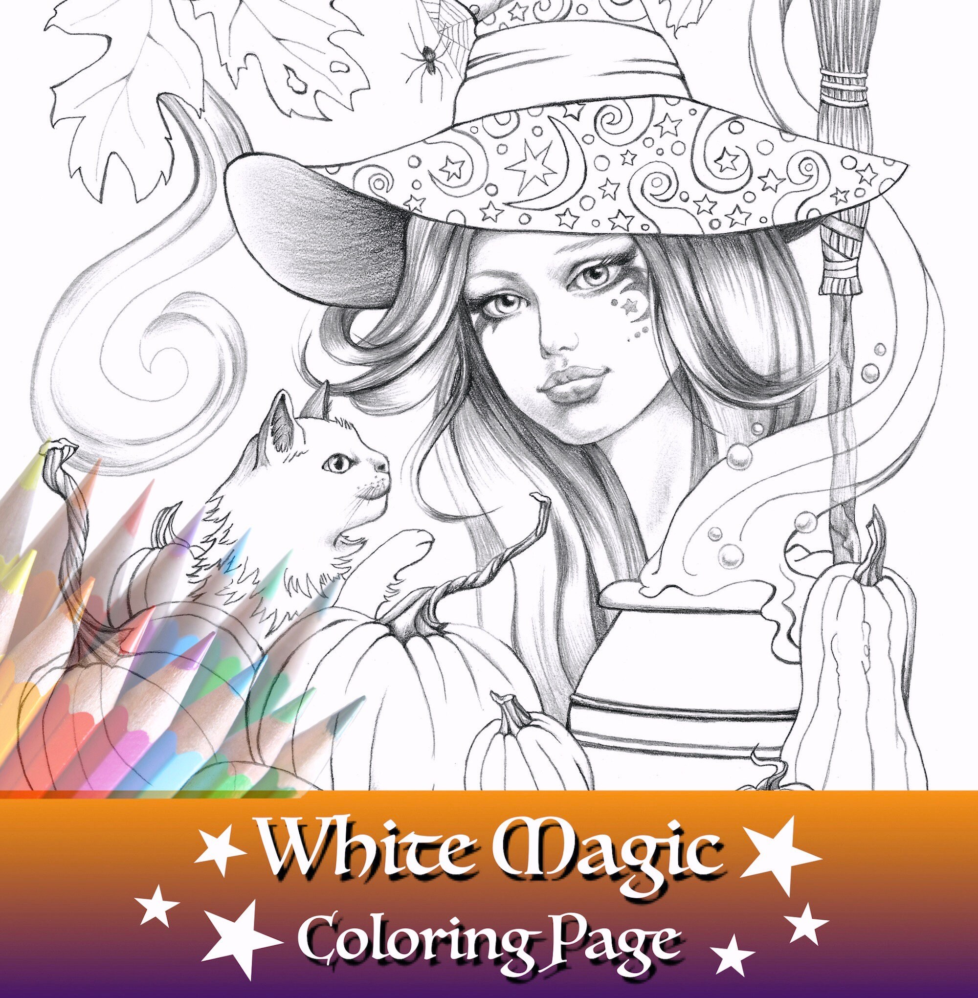White magic witch halloween adult coloring page printable instant download cat pumpkin cauldron autumn fall coloring pages spooktober