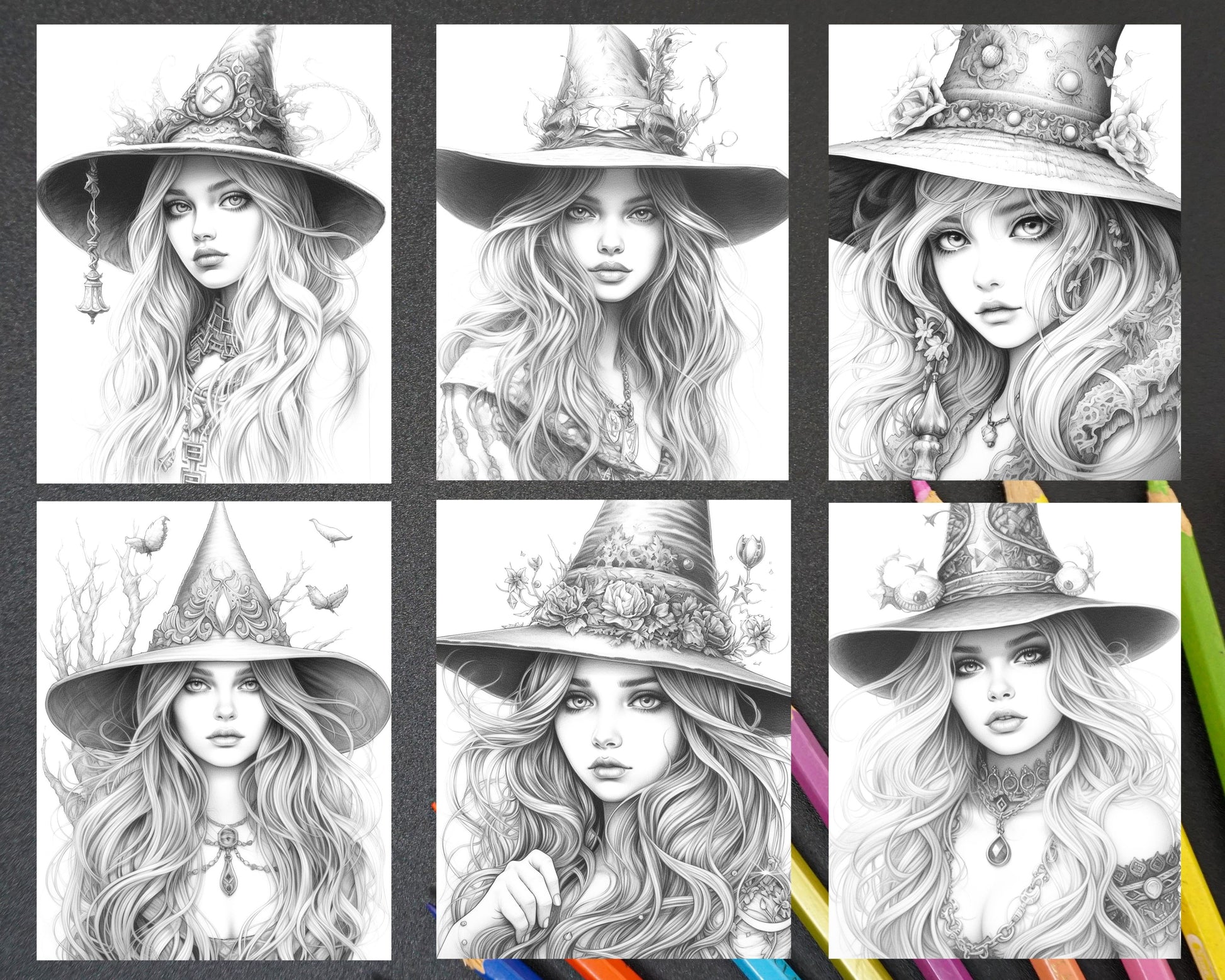 Beautiful witches grayscale coloring pages printable for adults pd â coloring