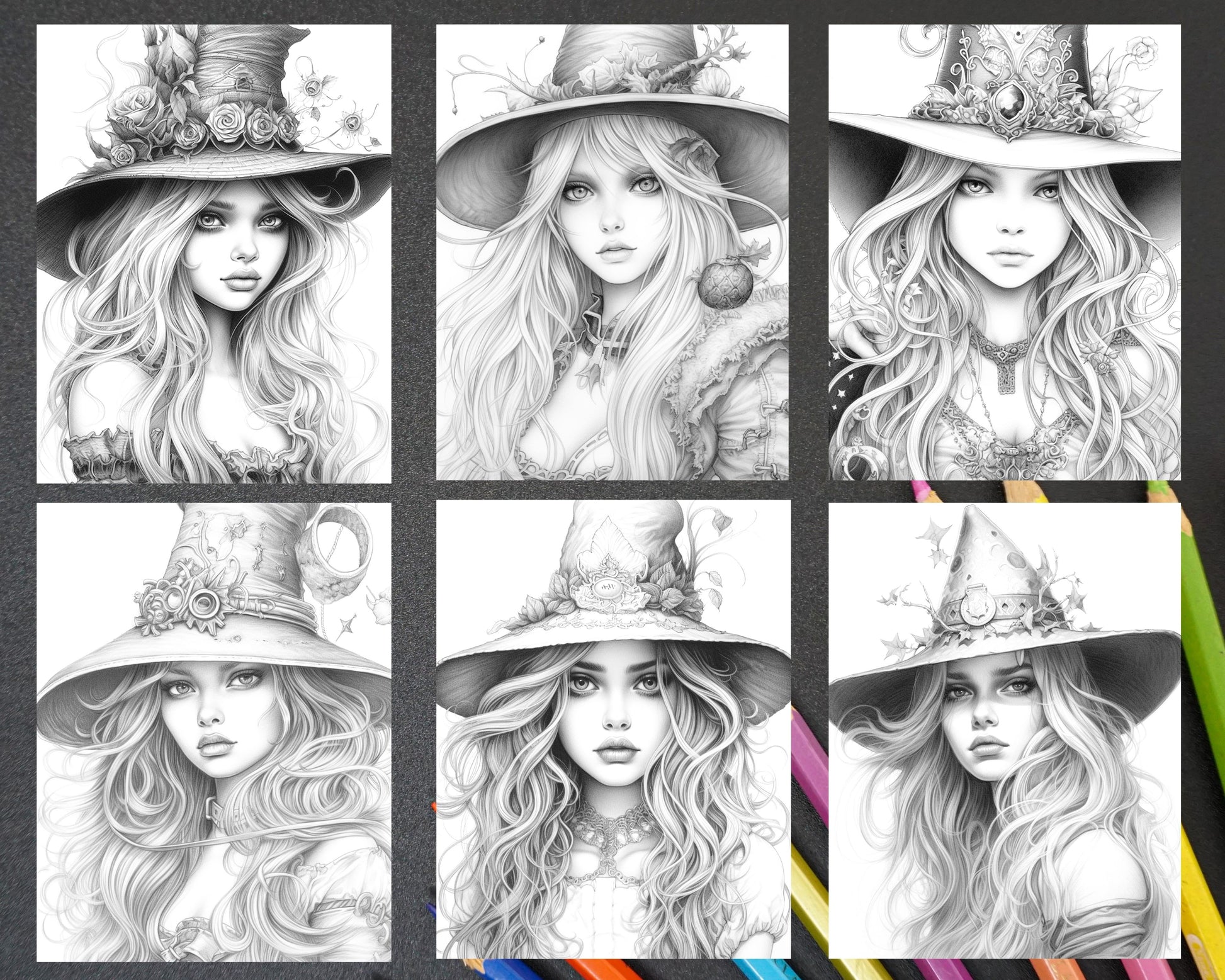 Beautiful witches grayscale coloring pages printable for adults pd â coloring