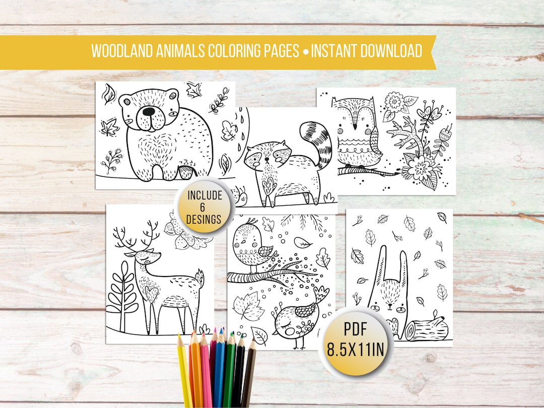 Printable woodland coloring pages for kids kids animal activity woodland animals kids coloring sheets woodland creatures kids party games instant download