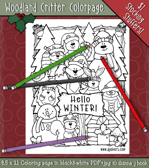 Winter woodland critters printable coloring page for kids and smiles by dj inkers