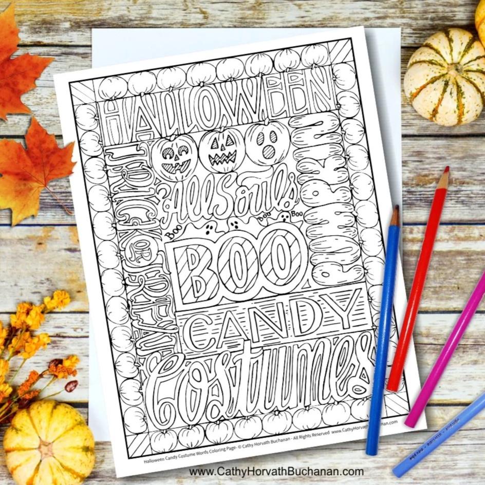 Halloween art words coloring page pdf download printable â soloworkstudio