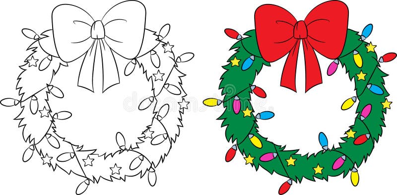 Before and after illustration of a christmas wreath color and black and white perfect for childrens coloring book stock vector