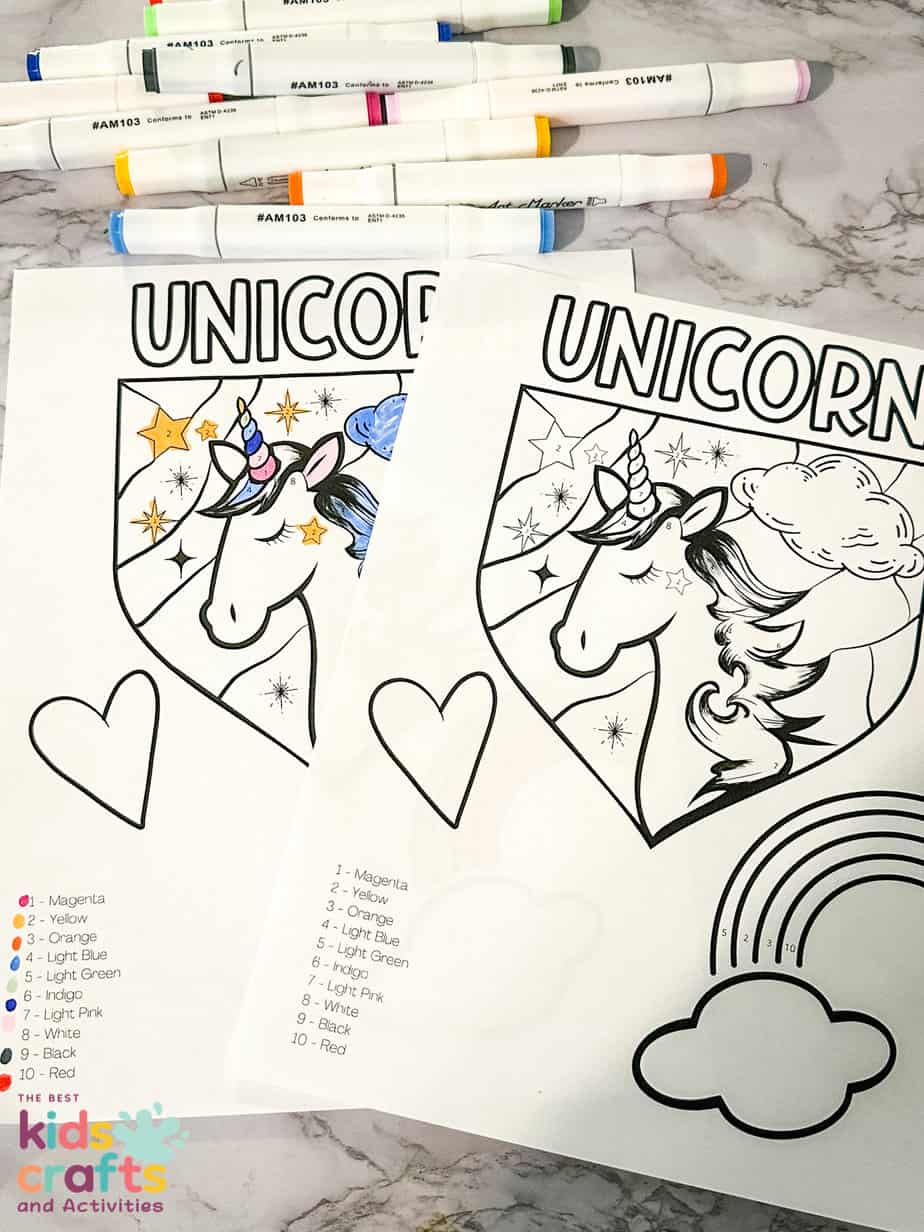 Unicorn color by number printable worksheet for kids