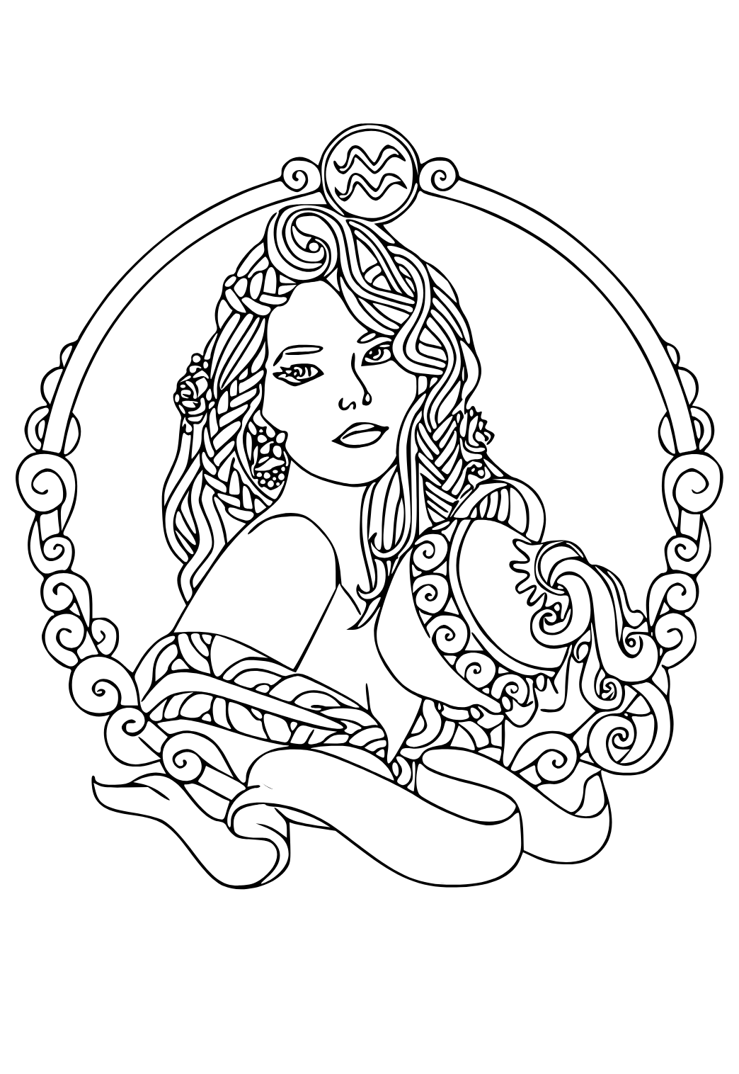 Free printable zodiac aquarius coloring page for adults and kids