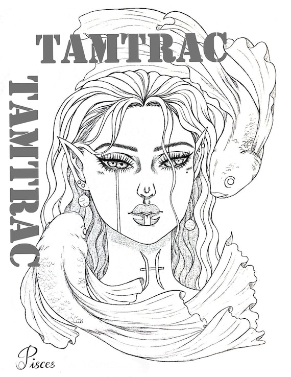 Coloring page zodiac girl signs a printable adult tattoo colouring pages book instant digital download illustration pdf