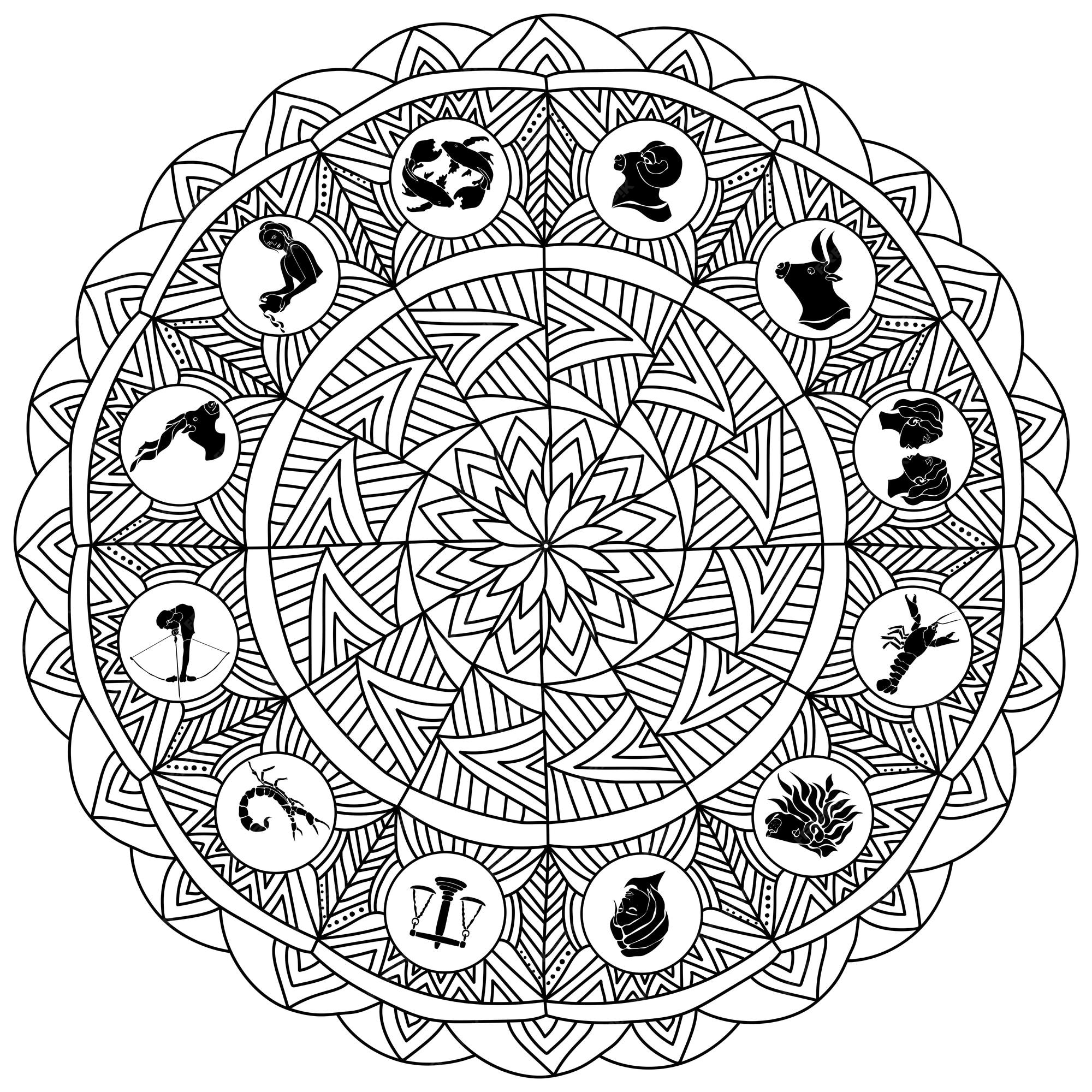 Premium vector mandala zodiac signs horoscope circle coloring page with ornate patterns