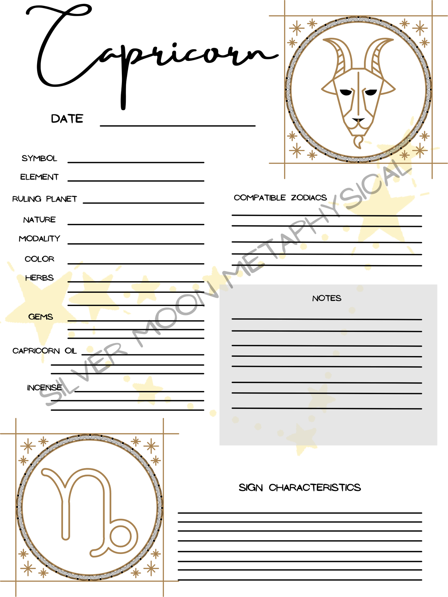 Zodiacs capricorn worksheet for book of shadowsgrimoire â silver moon metaphysical