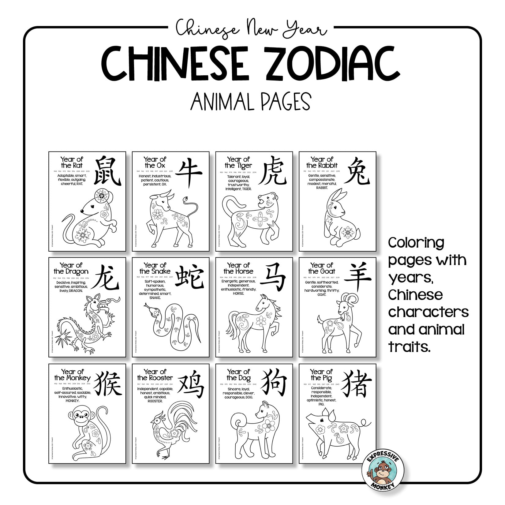 Chinese zodiac animals coloring pages