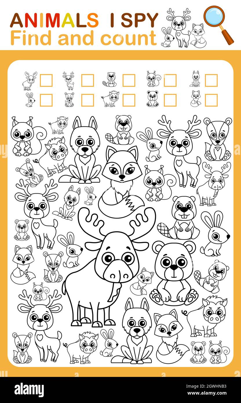 Coloring book page i spy count and color wild animal printable worksheet for kindergarten and preschool stock vector image art