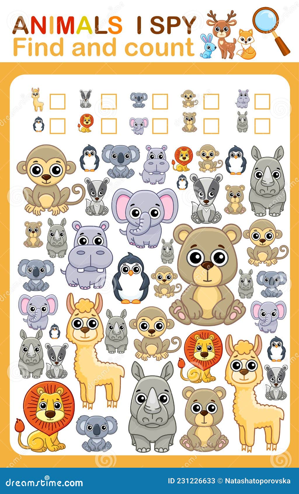 Printable worksheet for kindergarten and preschool book page i spy count zoo animal stock vector