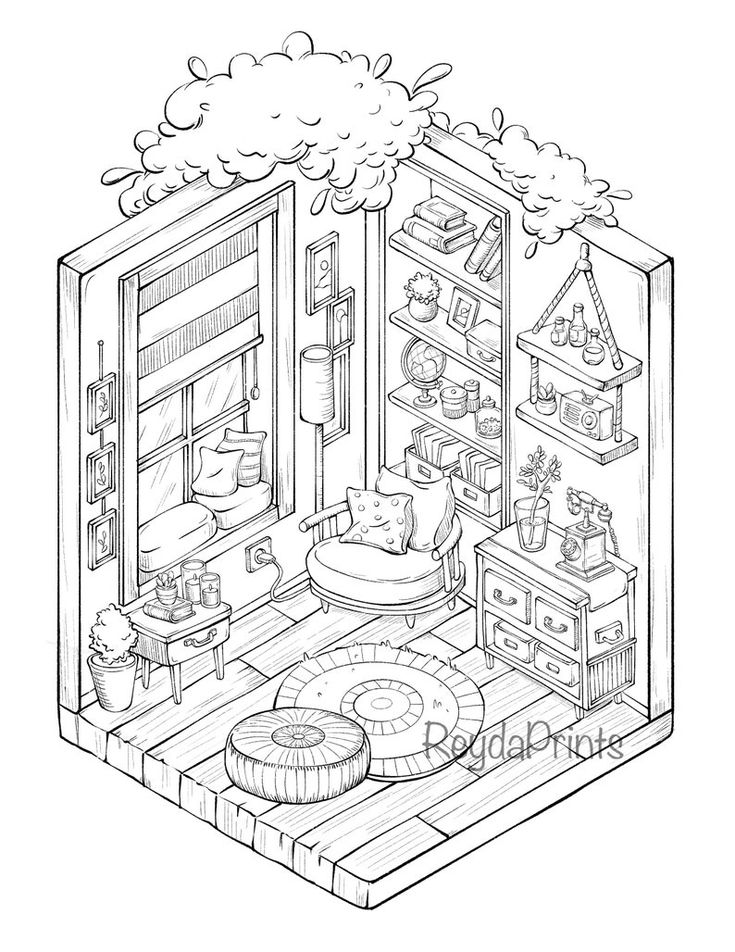 Interior isometric coloring printables cozy living room bedroom kitchen procreate jpg png letter size download now