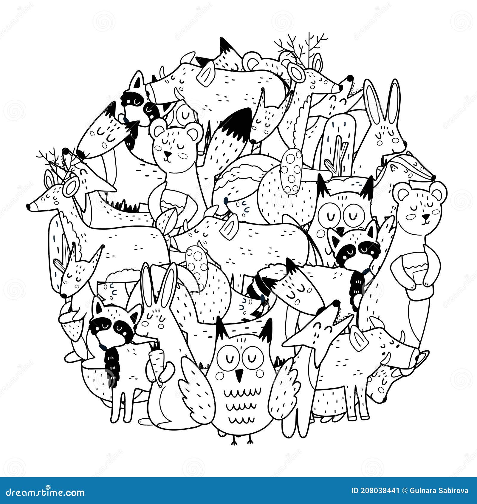 Circle shape coloring page with woodland animals black and white print stock vector