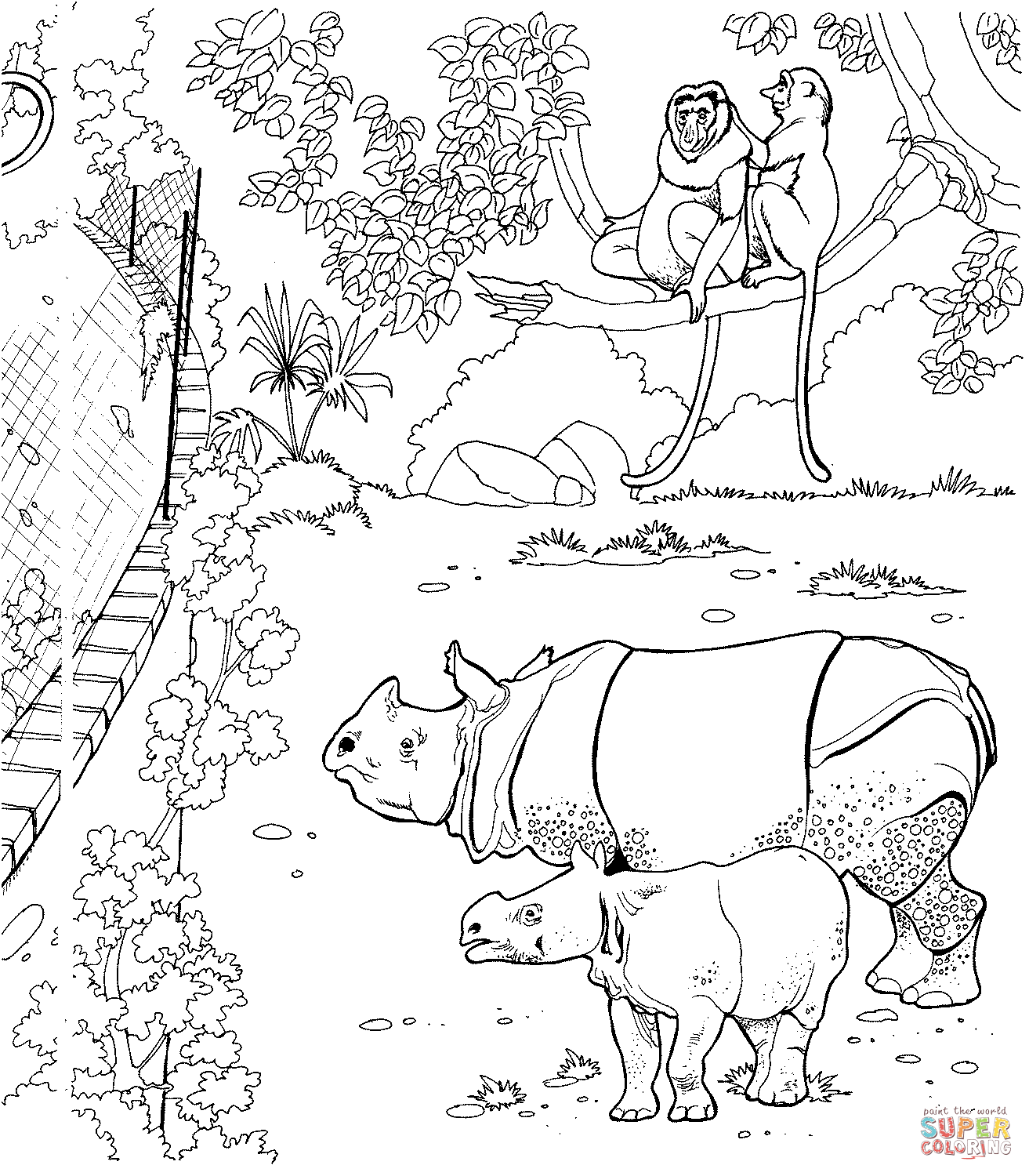 Sumatran rhinos and proboscis monkeys in a zoo coloring page free printable coloring pages