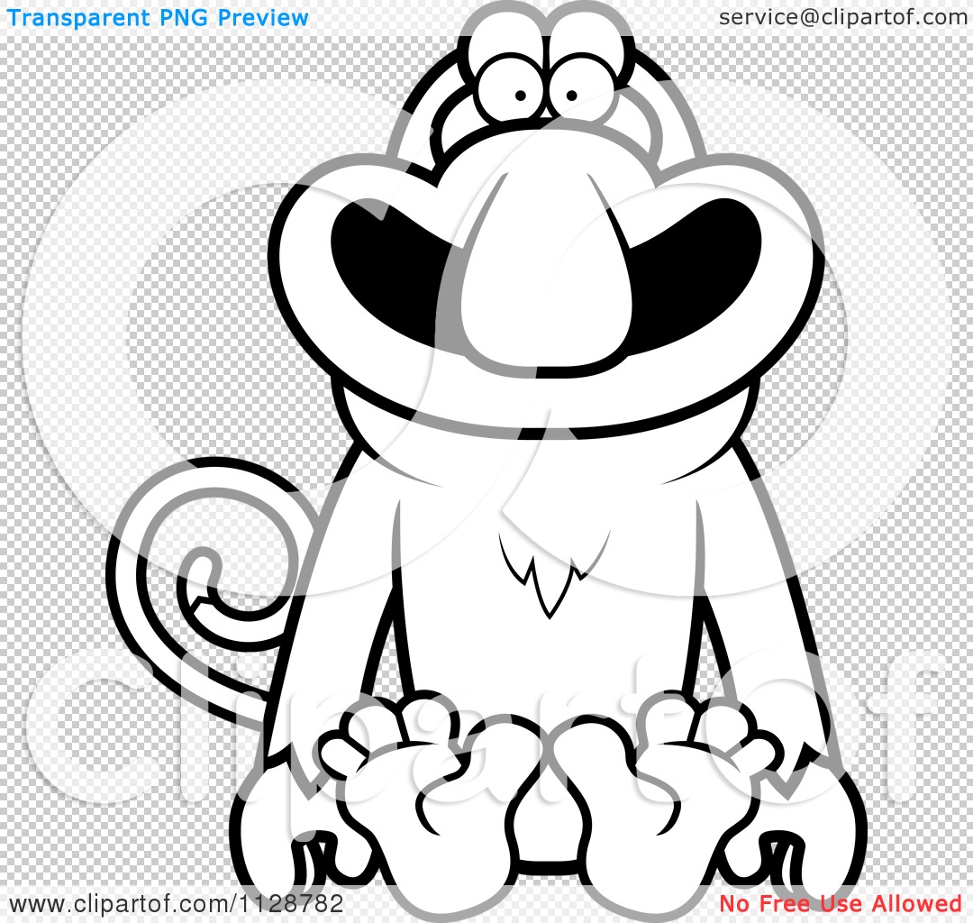 Cartoon clipart of an outlined proboscis monkey sitting