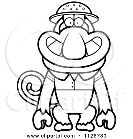 Cartoon clipart of an outlined proboscis monkey explorer