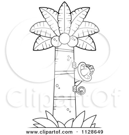 Cartoon clipart of an outlined proboscis monkey in a coconut palm tree