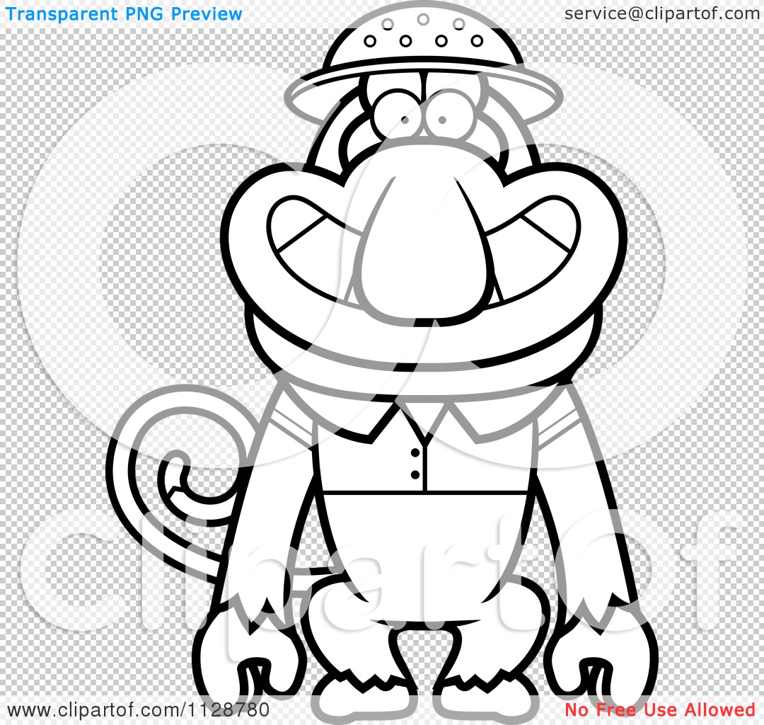 Cartoon clipart of an outlined proboscis monkey explorer