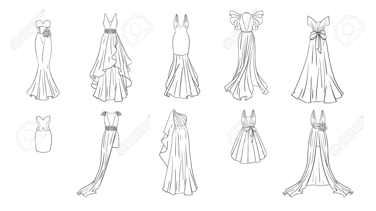 A set of different dresses modern and classic style dresses for prom gala evening wedding masquerade points coloring page for girls royalty free svg cliparts vectors and stock illustration image