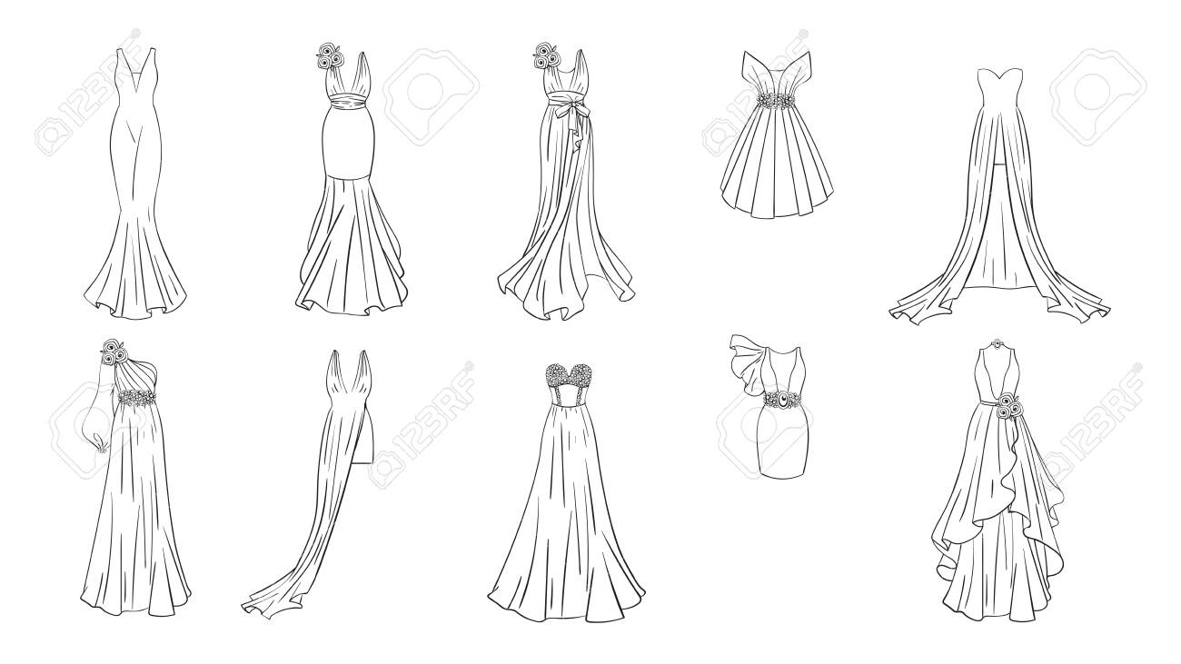 A set of different dresses modern and classic style dresses for prom gala evening wedding masquerade points coloring page for girls royalty free svg cliparts vectors and stock illustration image