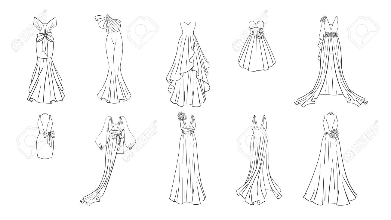 A set of different dresses modern and classic style dresses for prom gala evening wedding masquerade points coloring page for girls royalty free svg cliparts vectors and stock illustration image