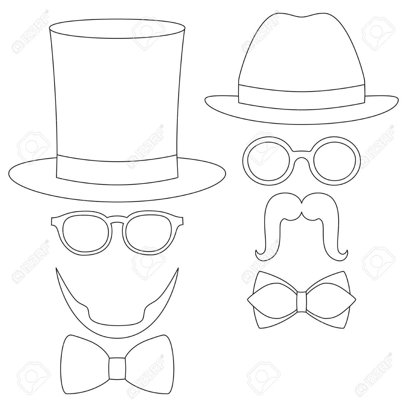 Icon poster man father day avatar element set hat glasses mustache beard bow tie coloring book page fashion vector illustration for gift card certificate banner sticker badge stamp logo label royalty free