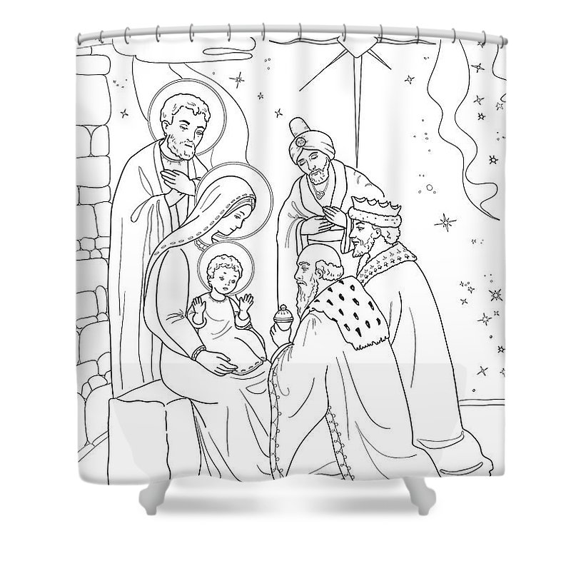 Christmas coloring page with baby jesus mary joseph three wis shower curtain by olha zolotnyk