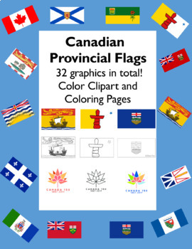Canadian provincial flags in colour and colouring pages tpt