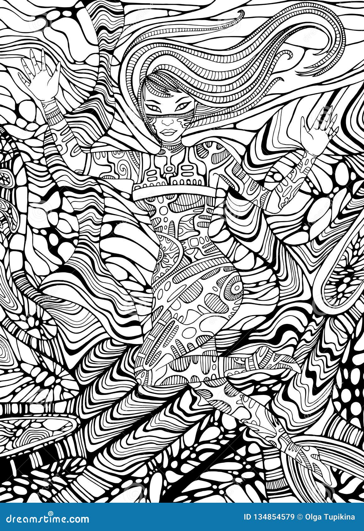 Psychedelic cyberpunk girl adult coloring page line art doodle stock vector