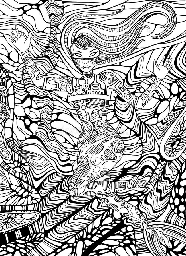 Psychedelic cyberpunk girl adult coloring page line art doodle stock vector