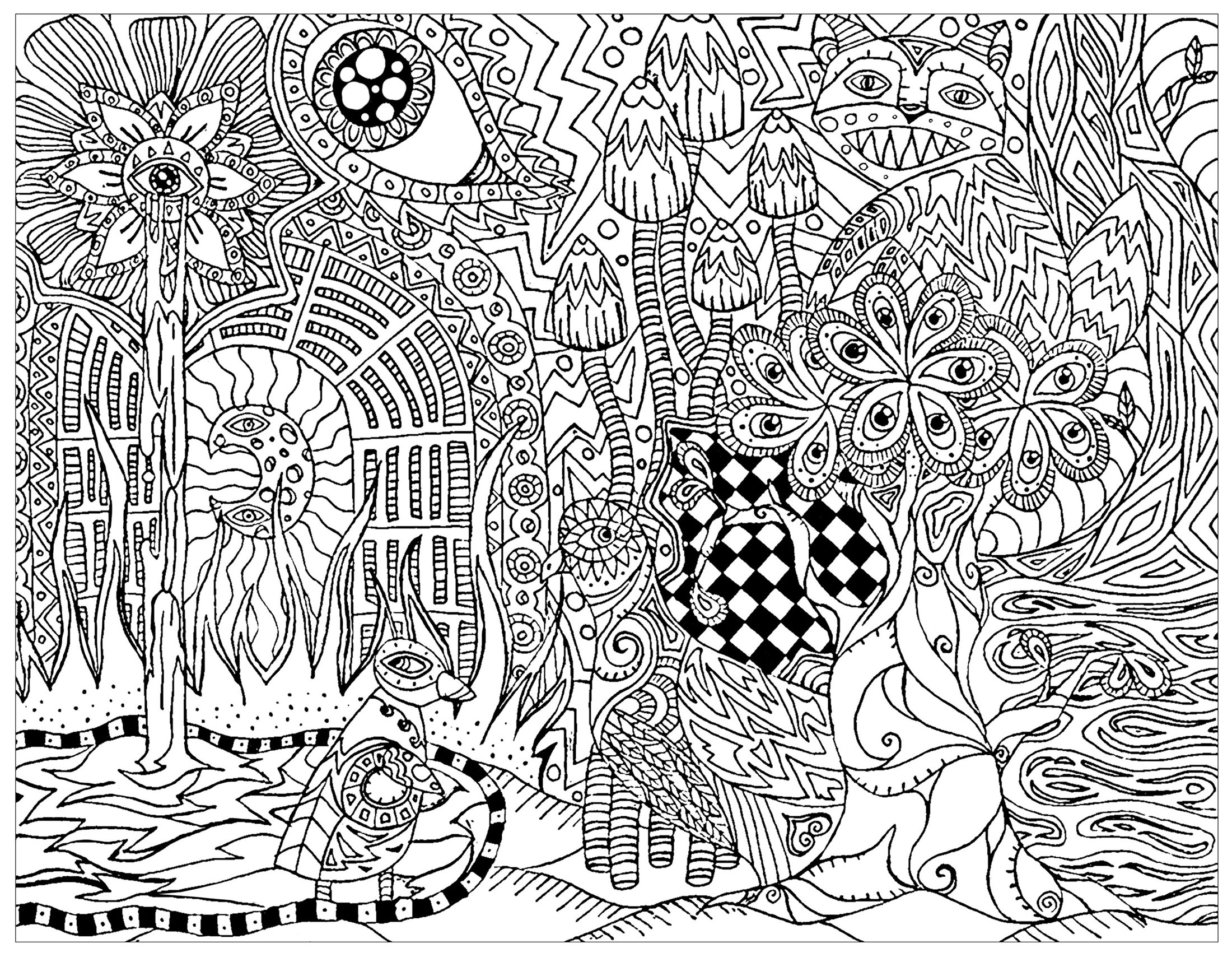 Psychedelic forest with hidden cat