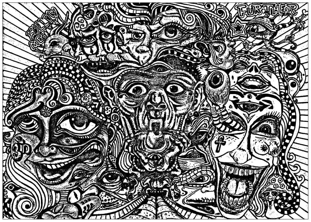 Faces psychedelic coloring page