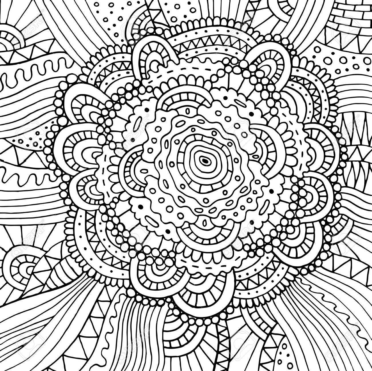Floral doodle trippy psychedelic mandala artwork line black and white realistic drawing antistress coloring page for adults vector illustration royalty free svg cliparts vectors and stock illustration image