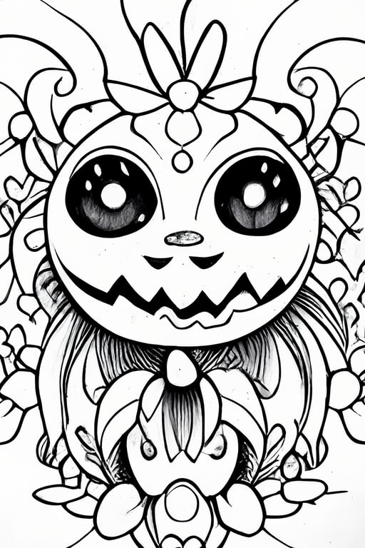 Black and white psychedelic halloween horror chibi kawaii coloring page for adultskawaii printable outlined art festive intricate details crisp lines highly detailed