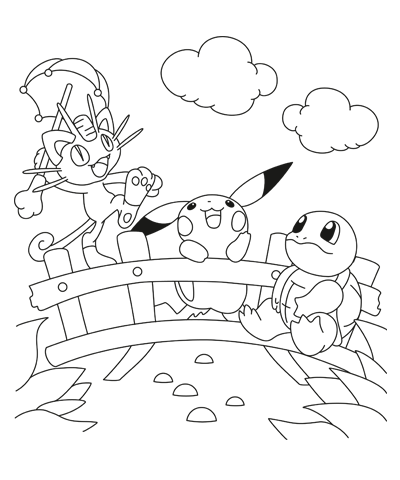 Download pikachu with turtle and meowth coloring page free printable drawings