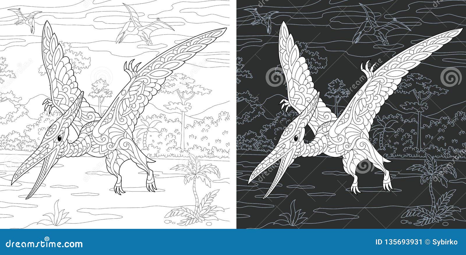 Coloring pages with pterodactyl stock vector