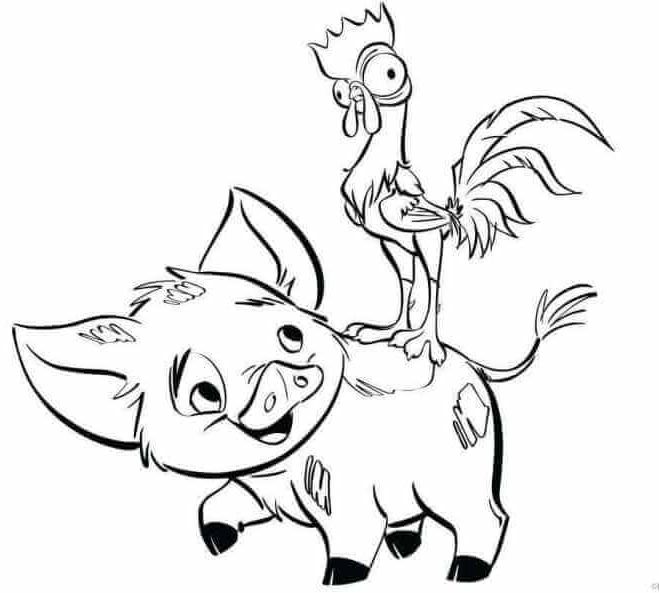 Pua and heihei having fun moana coloring page moana coloring pages moana coloring disney coloring pages