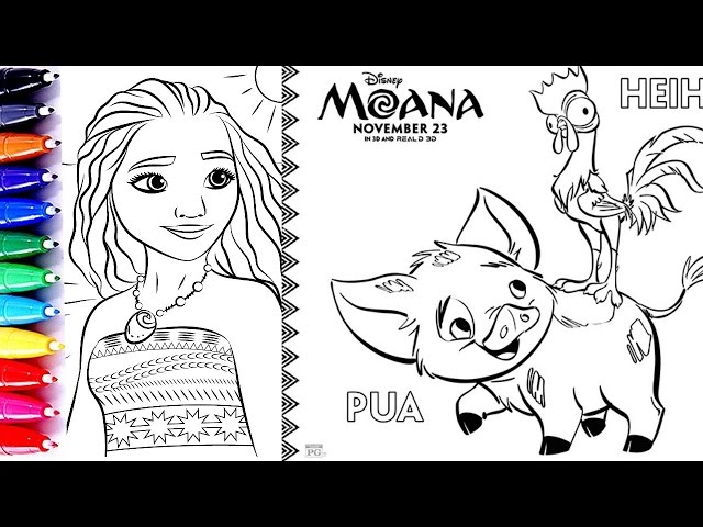 Coloring pages moana princess of pacific heihei pua and baby moana coloring video for children learn