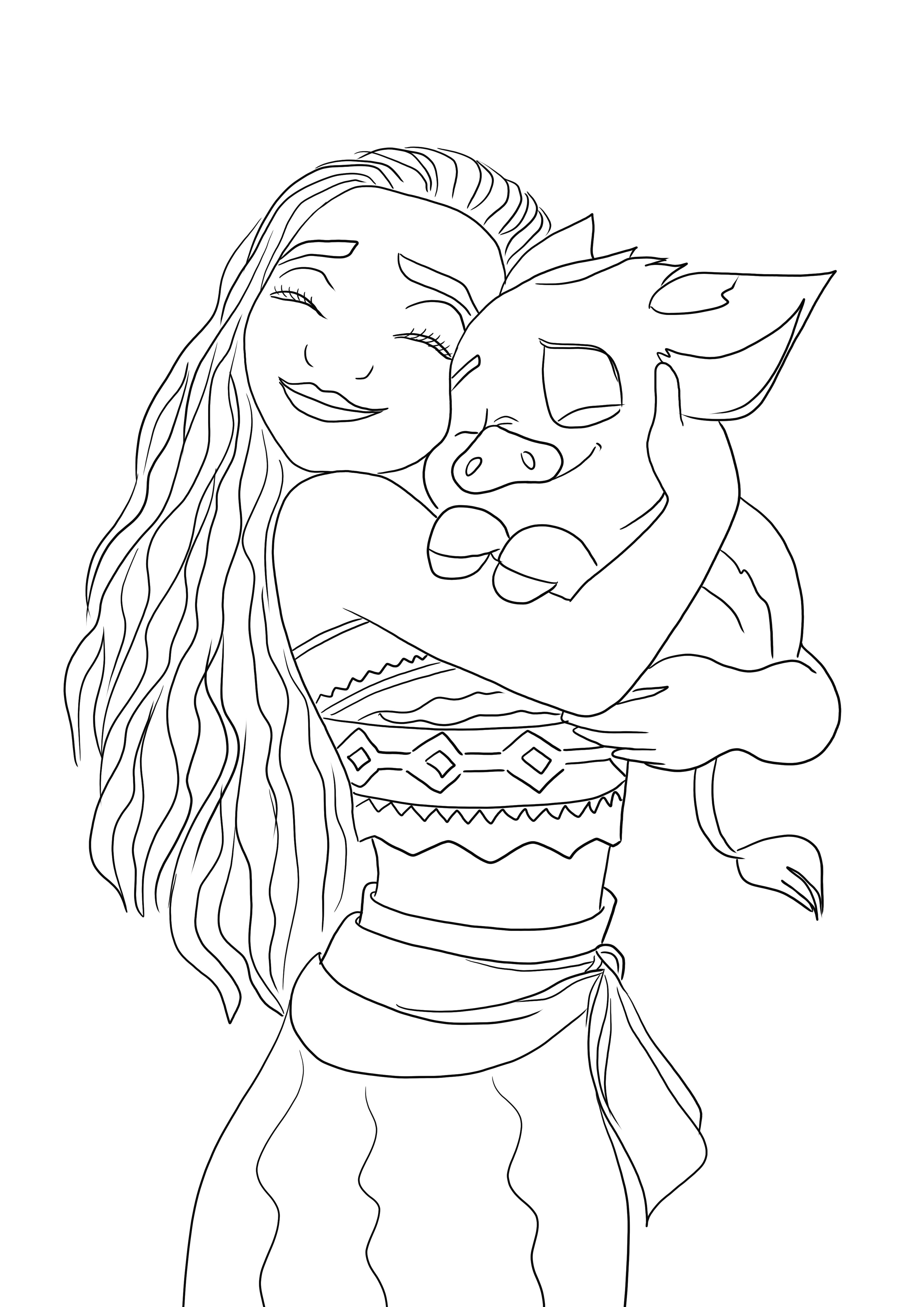 Easy coloring page of moana and pua free to print or download