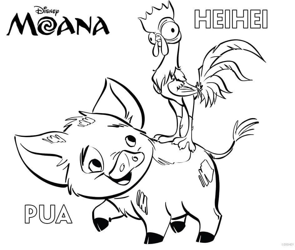 Hei hei and pua from moana coloring page